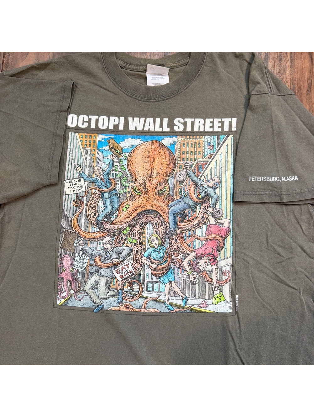 Vintage Ray Troll Alaska Octopi Wall Street Parody T Shirt XL Olive Green 2011